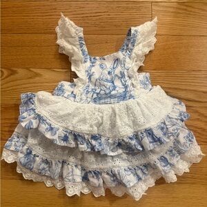 Blue and White Ruffled Dress with Bunny Print